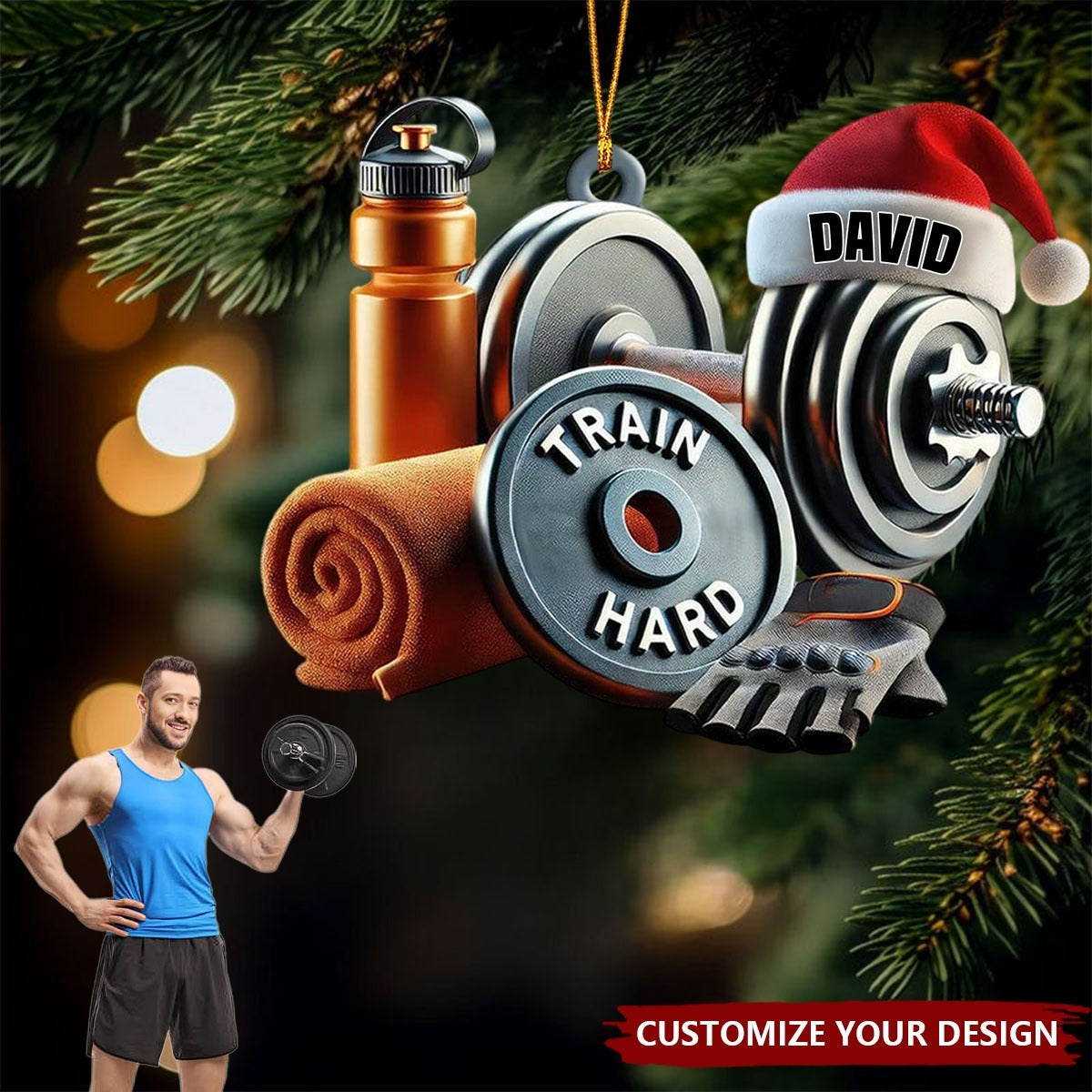 Custom Fitness Ornament With Weights And Santa Hat - Personalized Ornament