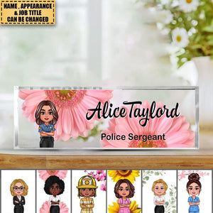 Daisy Flowers Woman Man Office Personalized Acrylic Desk Name Plate, Office Desk Decor, Gift For Colleagues, Coworkers, Boss, Nurses, Doctors, Healthcare Workers, Police, Firefighters