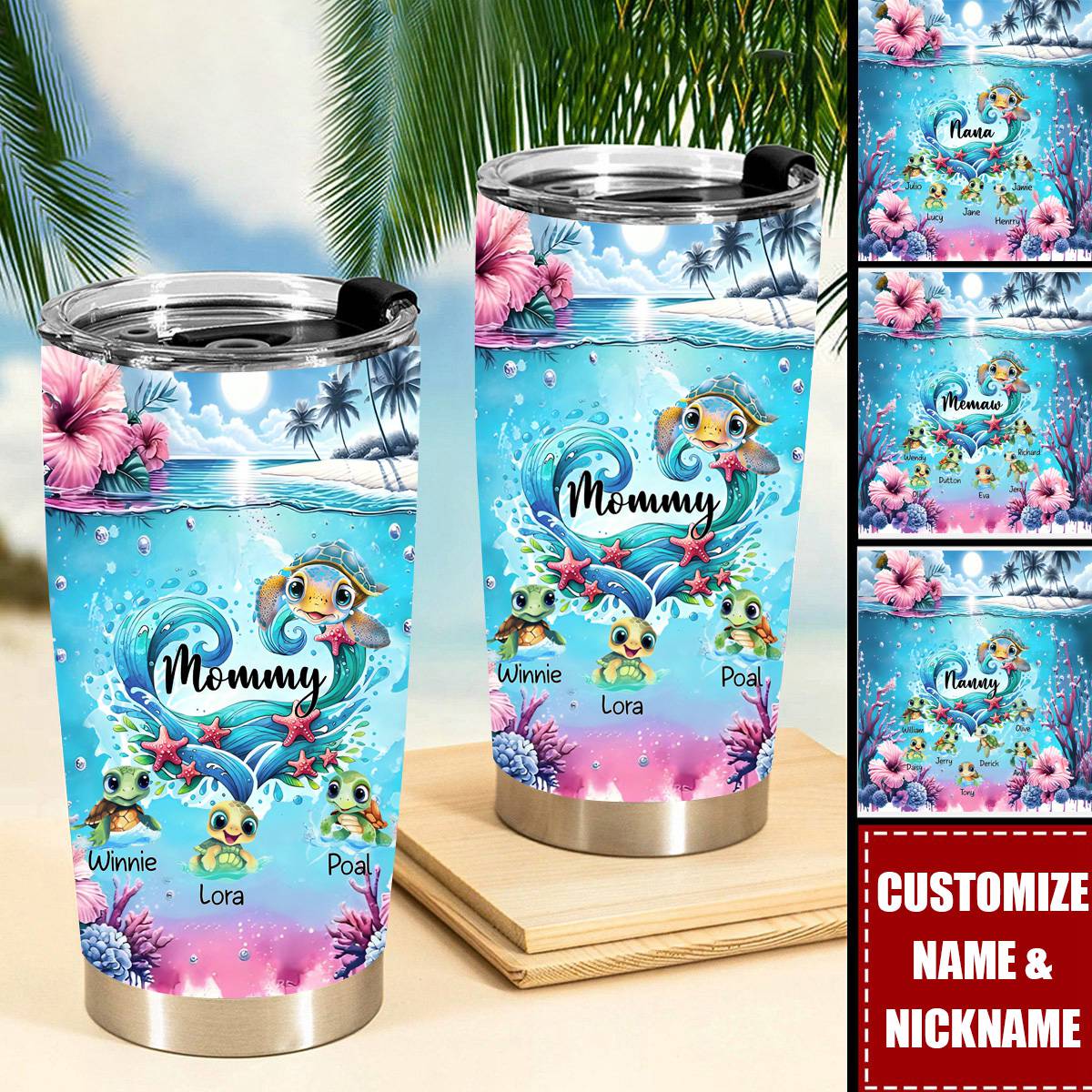 Grandma Turtle Wave Heart Shape Personalized Tumbler