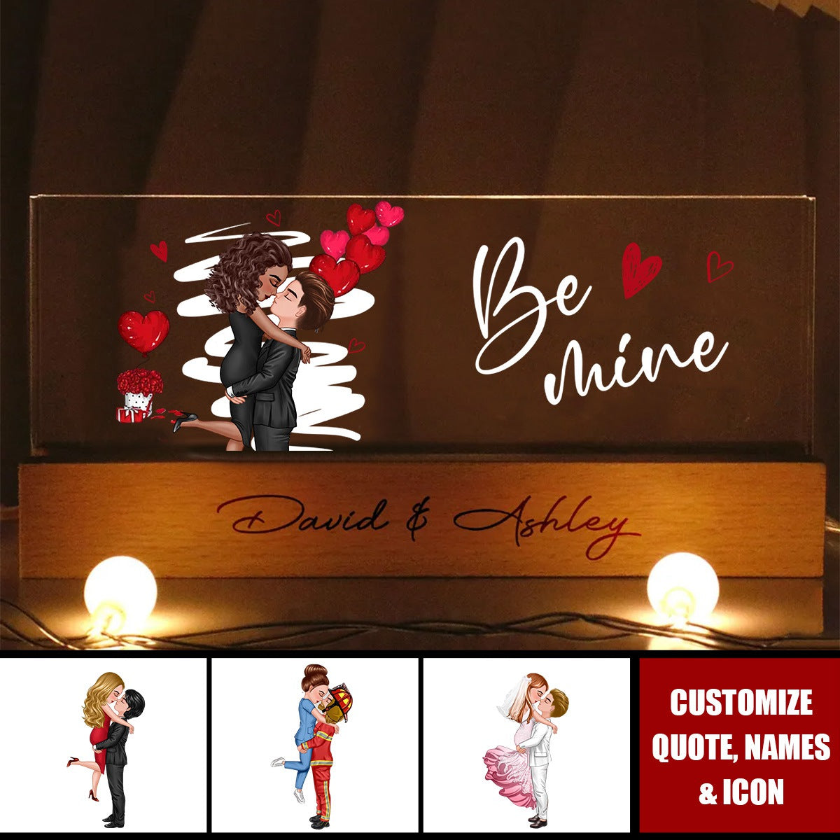 Be Mine Couple Kissing Personalized Acrylic LED Night Light, Anniversary Gift