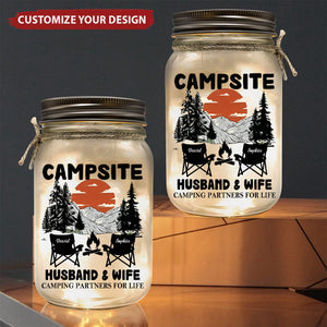 Husband & Wife Camping Partners For Life - Personalized Mason Jar Light