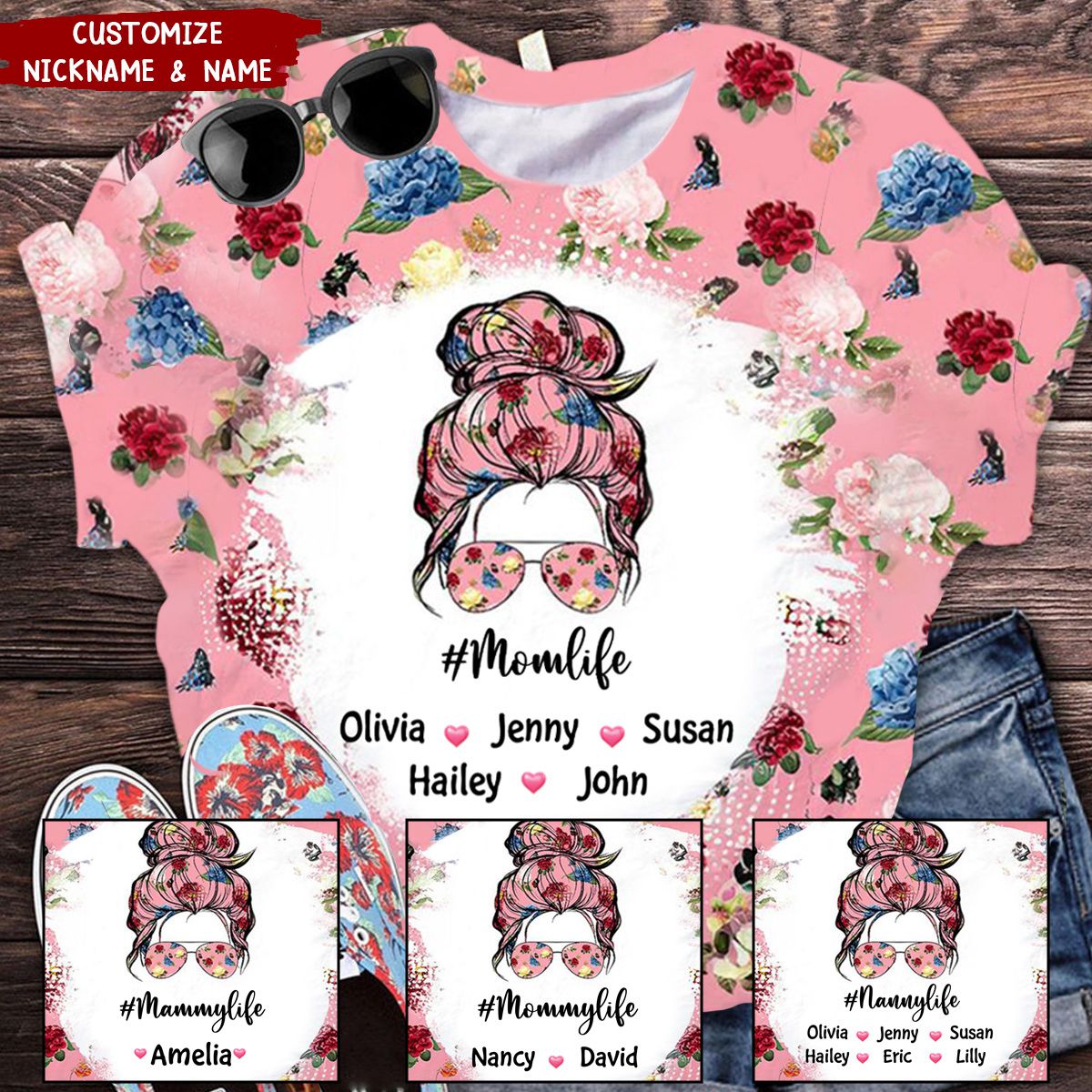 Grandmalife Floral Pink Pattern Kid Names Heart Personalized 3D T-shirt