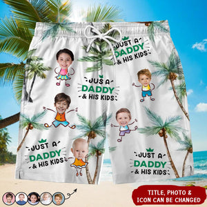 Just A Dad & His Kids - Family Personalized Tropical Hawaiian Aloha Men Beach Shorts