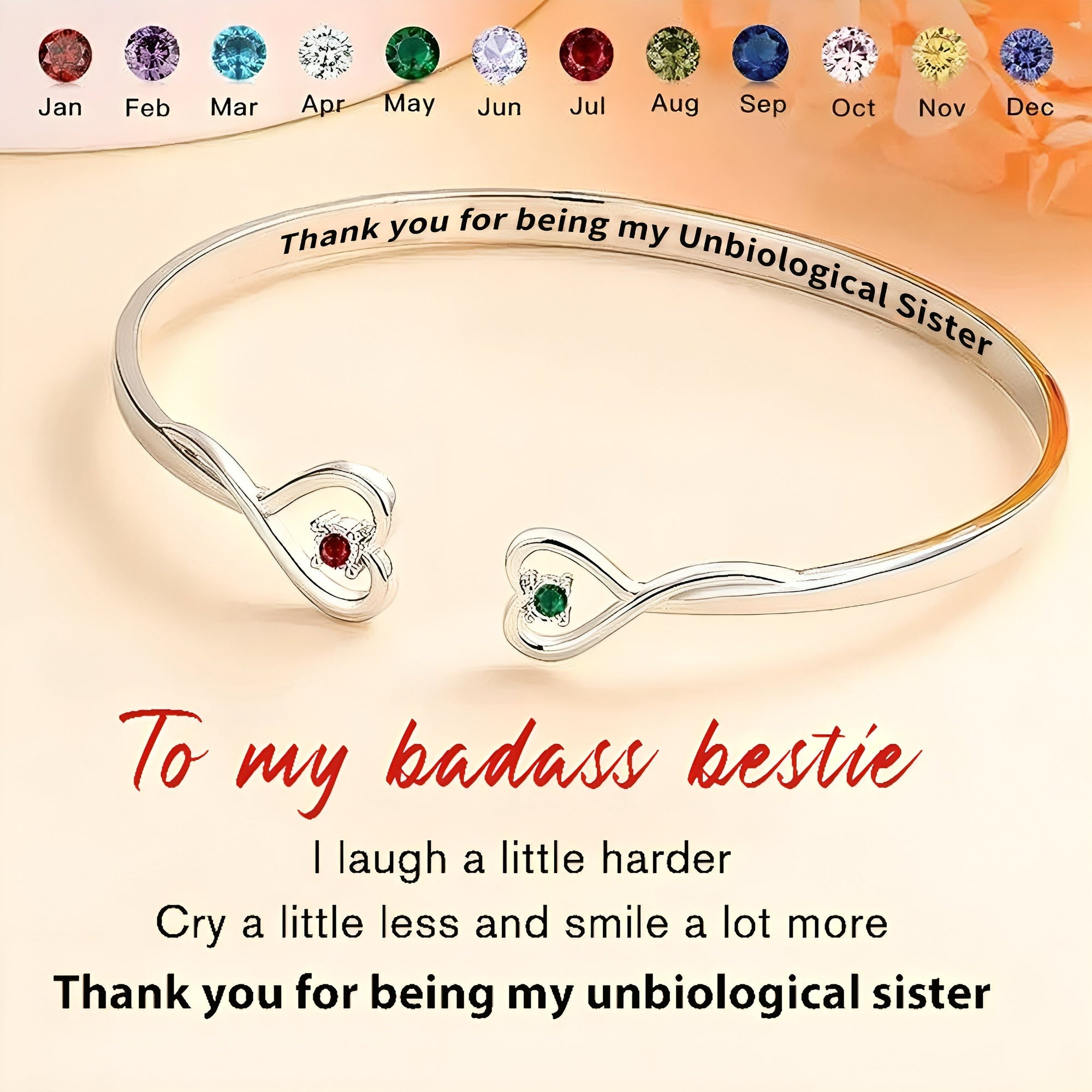 Personalized For Friend - Thank You For Being My UNBIOLOGICAL Sister Double Heart Birthstone Bracelet