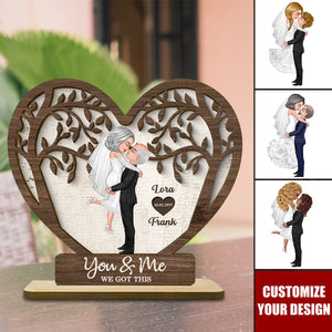 Groom & Bride Kissing Under The Tree Personalized 2-Layered Standing Wooden Plaque