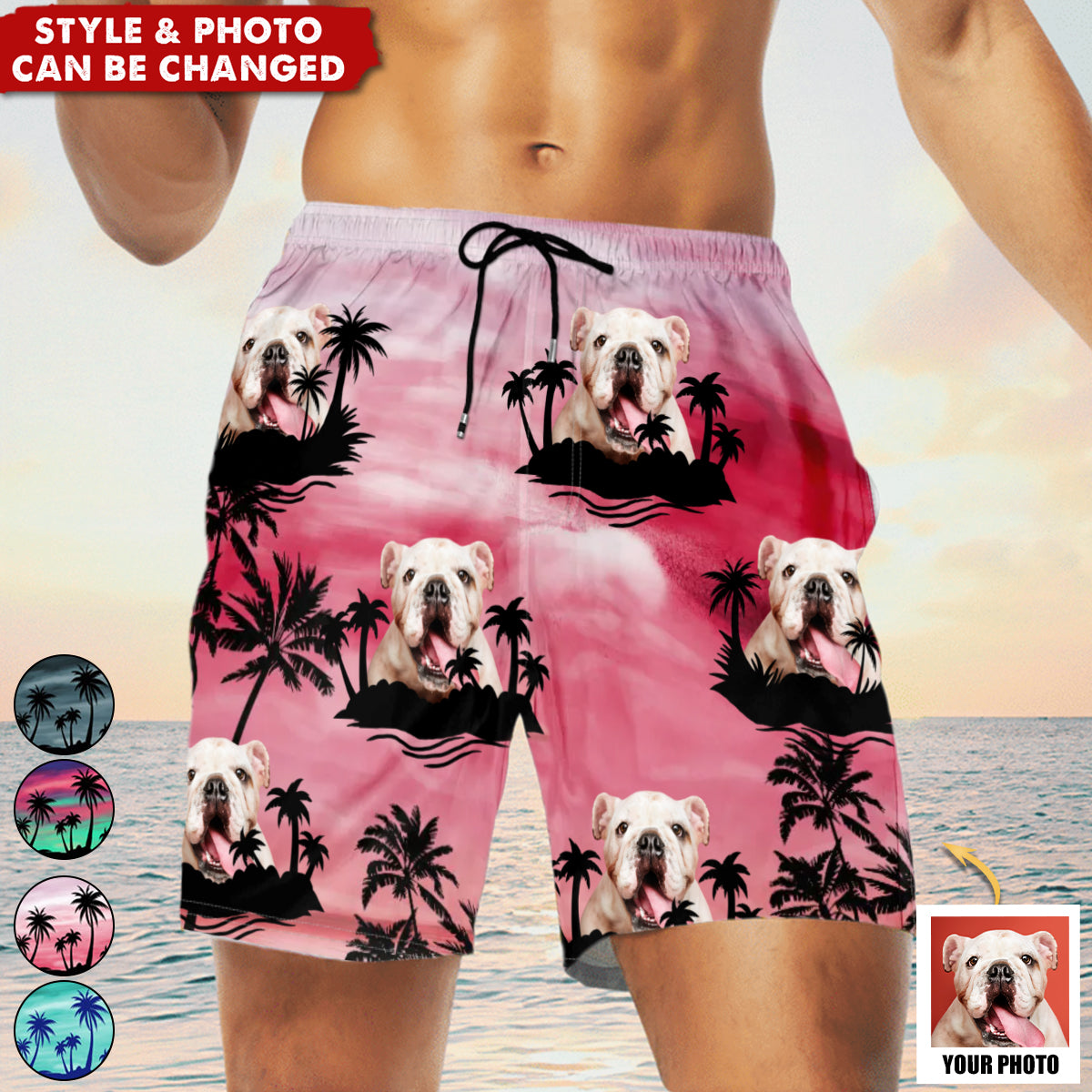 Custom Photo Funny Family Pet Face Color Sunset - Funny Gift For Pet Lovers- Personalized Unisex Beach Shorts