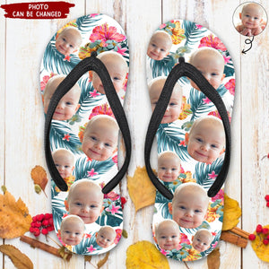 Custom Dog's Cat's Kid's Photo With Tropical Vibe - Personalized Photo Flip Flops