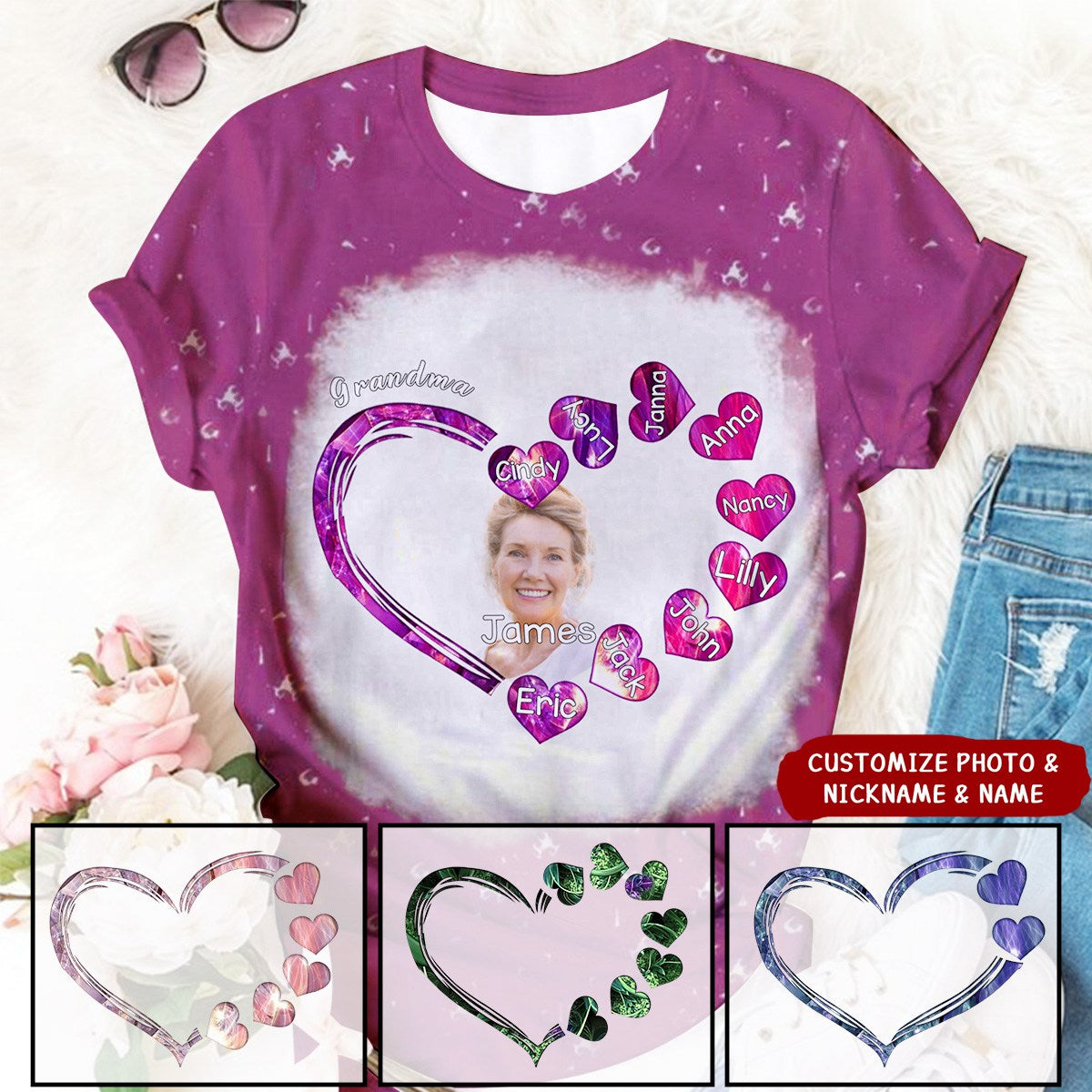 Sparkling Grandma With Sweetheart Kids Personalized Photo 3D T-shirt