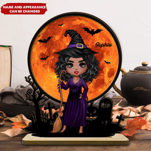 Witch Under Halloween Moon Personalized 2-Layer Standing Wooden Plaque