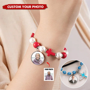 Cross Elastic Cord With Photo Personalized Memorial Bracelet, Gift for Christian