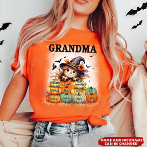 Grandma's Little Pumpkins - Fall Season Background - Scarecrow Grandma With Pumpkin Kid Names Personalized T-shirt