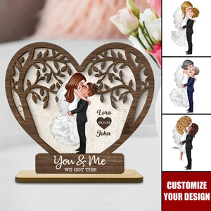 Groom & Bride Kissing Under The Tree Personalized 2-Layered Standing Wooden Plaque