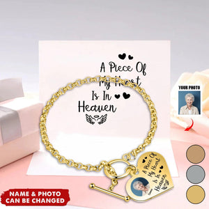 Custom Photo A Piece Of My Heart Is In Heaven Memorial - Personalized Heart Bracelet