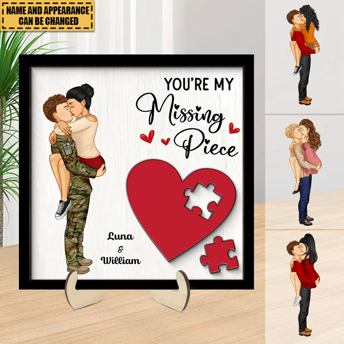 Couple Kissing Standing Red Heart Puzzle Personalized 2-layer Wooden Plaque