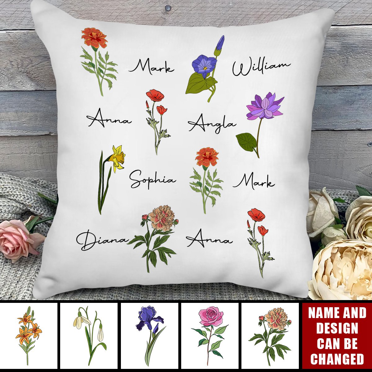 Family Members With Birth Flowers - Personalized Pillow