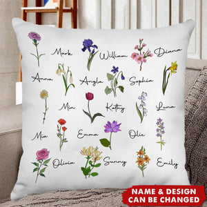 Family Members With Birth Flowers - Personalized Pillow