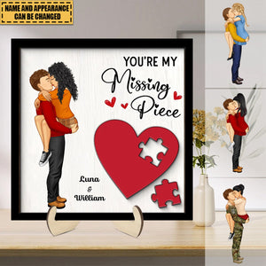 Couple Kissing Standing Red Heart Puzzle Personalized 2-layer Wooden Plaque