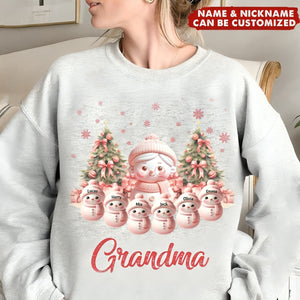 Pink Themed Snowman Grandma With Cute Little Snowman Kids Personalized Sweatshirt