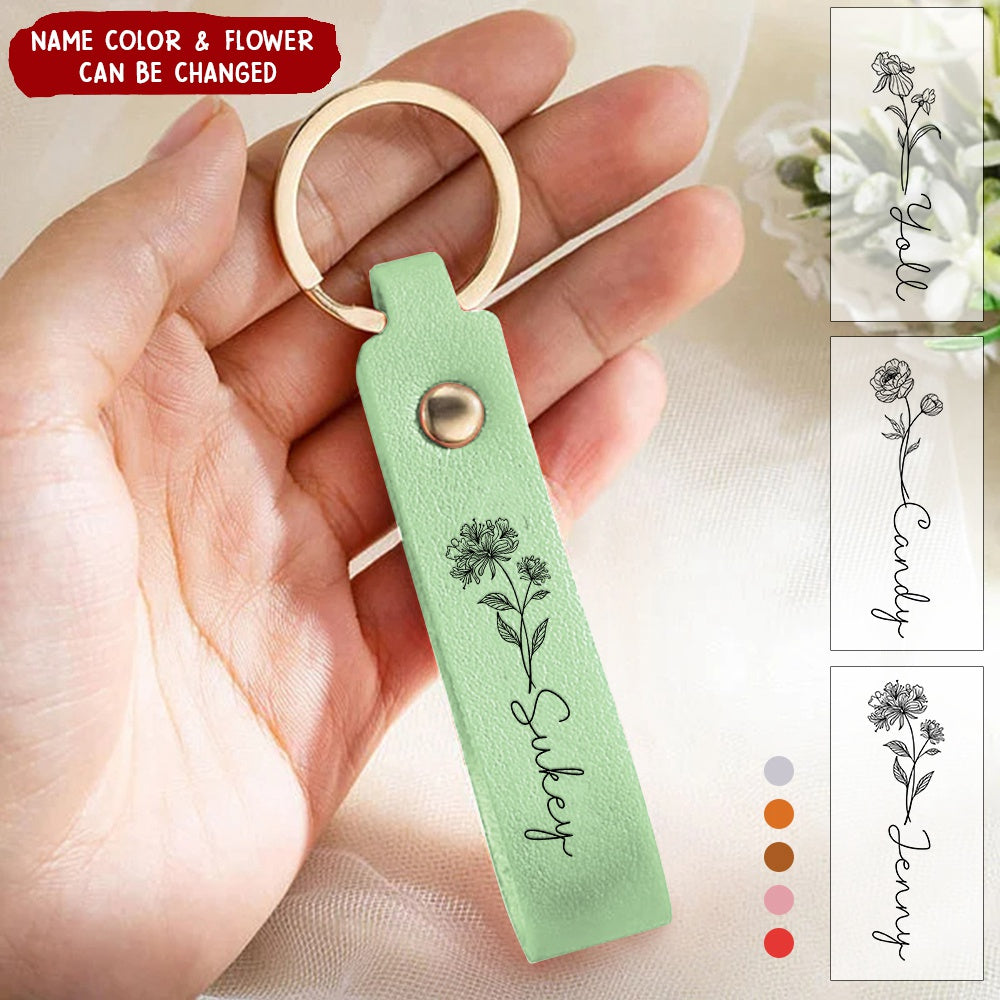 Personalised Birth Flower Leather Keychain with Engraved Name Christmas Gift Wedding Party Gift Bridesmaid Gift