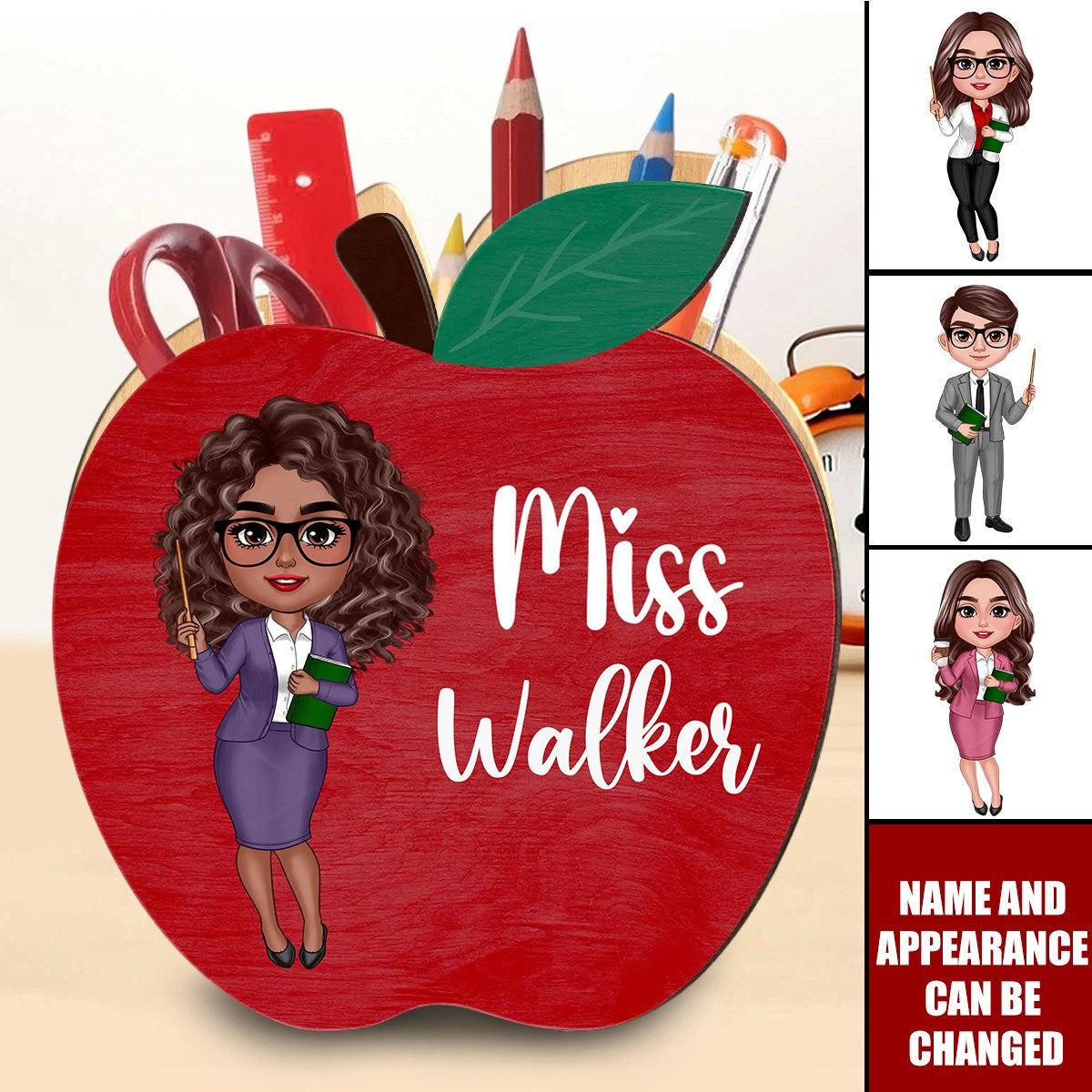 Happy Doll Teacher Personalized Apple Shaped Pen Pencil Holder