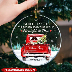 Personalized Love Couple Red Truck Christmas New Acrylic Circle Ornament