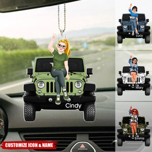 Girl Sitting On Off-road Car - Personalized  Acrylic Car Ornament, Gifts For Car Lovers