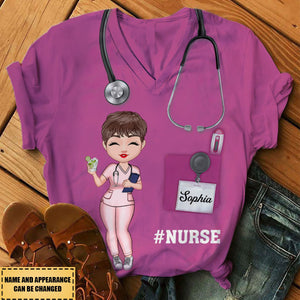 Nurse Scrub CNA RN Healthcare Worker Personalized V-neck 3D T-shirt