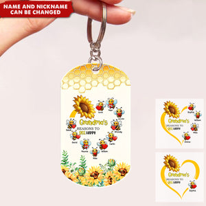 Grandma's Reasons To Bee Happy Sunflower And Bee Kid Names Personalized Acrylic Keychain