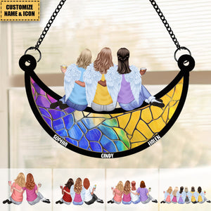 Friends, Sisters Sitting On The Moon - Personalized Window Hanging Suncatcher Ornament