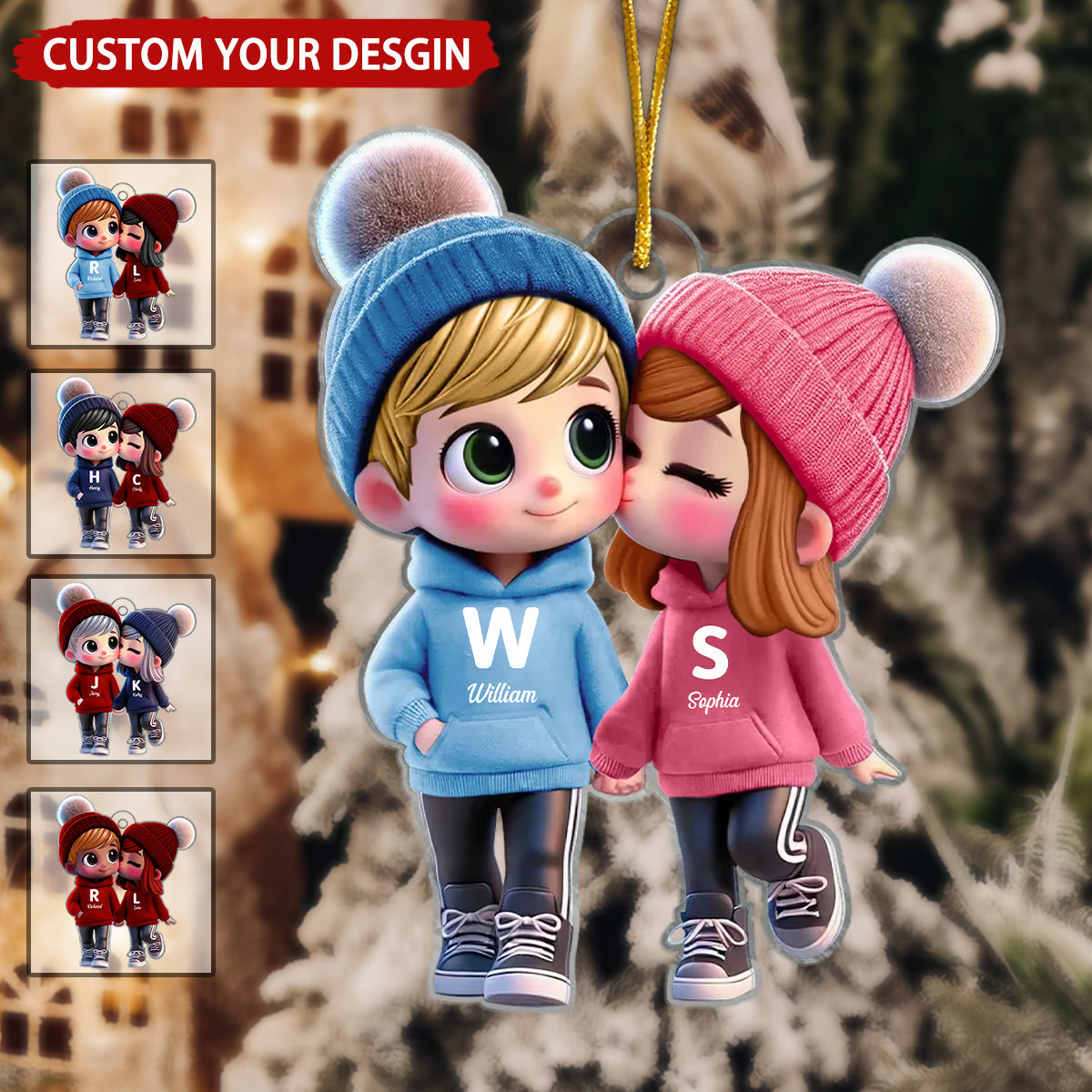 Cute Cartoon Couple Walking Personalized Christmas Ornament