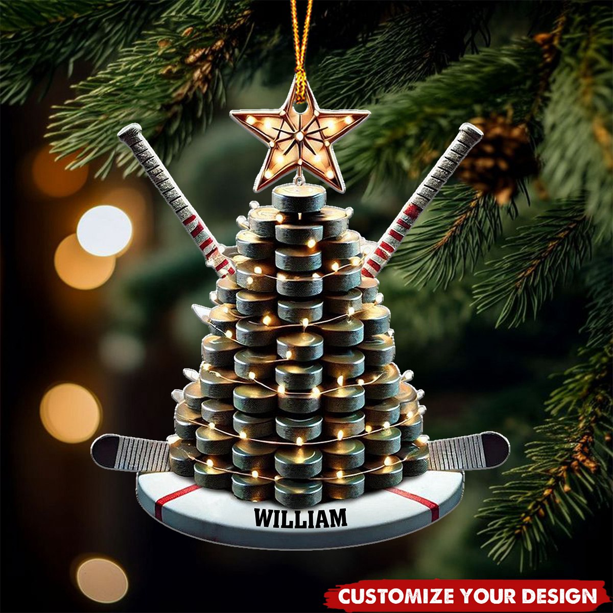 Hockey With Puck Tree and Sticks - Personalized Acrylic Christmas Ornament