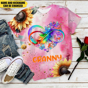 Sunflower With Pink Background Color Heart Infinity Sign Butterfly Personalized 3D T-Shirt