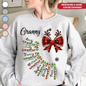 Personalized Grandma Nana Mimi Funny Christmas Candy Cane Coquette Bow Sweatshirt