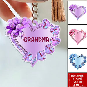 Sparkling Hologram Sunflower Heart Grandma Mom Kids Personalized Keychain