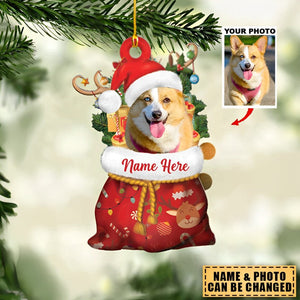 Personalized Pet Photo Santa Sack Christmas Ornament, Pet With Christmas Hat And Antlers Gift For Christmas, Holiday Decor, Personalize Pet Photo And Name