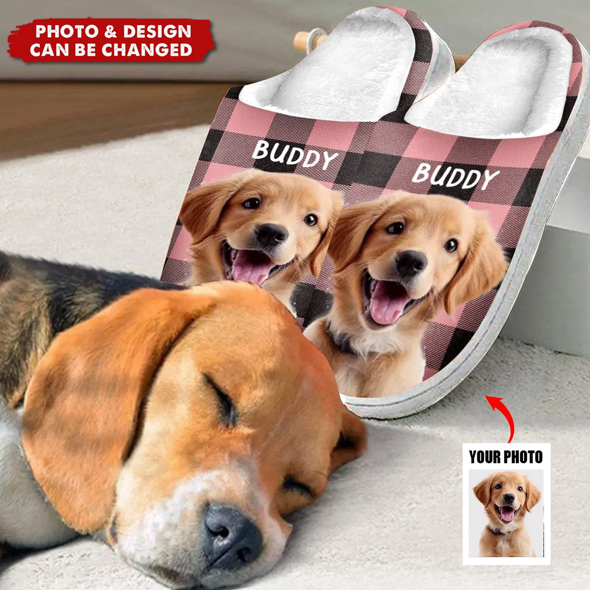 Custom Photo Happiness Is A Warm Puppy - Dog & Cat Personalized Custom Fluffy Slippers - Gift For Pet Owners, Pet Lovers