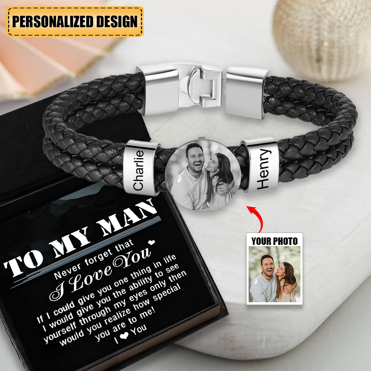 Personalized Photo Bracelet with 2 Names Leather Bracelet Beaded Wrap Bracelets