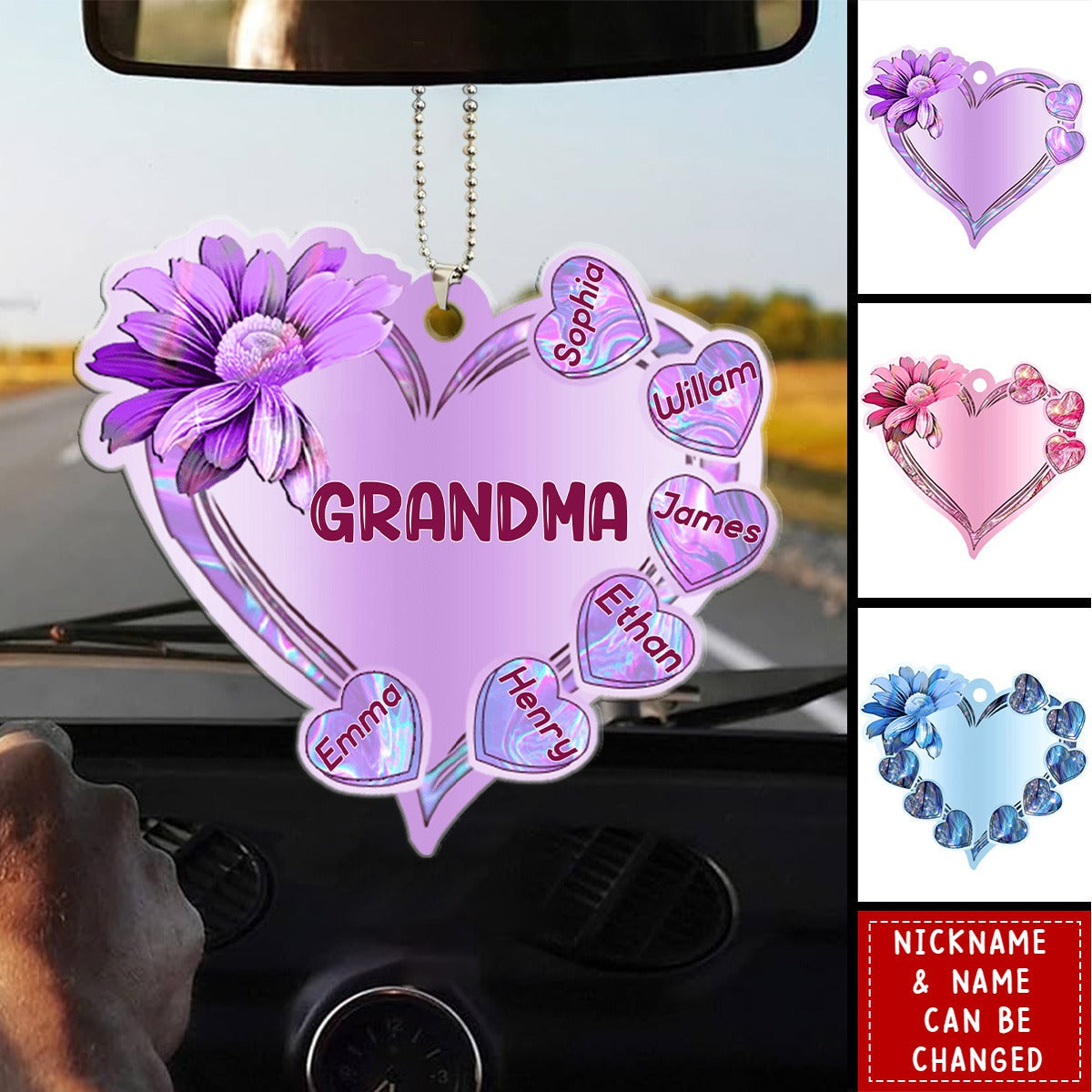 Sparkling Hologram Sunflower Heart Grandma Mom Kids Personalized Ornament