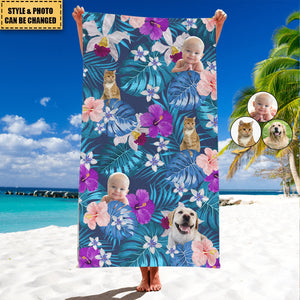 Cat Dog Kid Photo Tropical Style Personalized Beach Towel