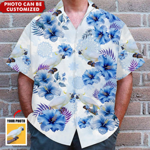 Upload Parrot Pet Photo Blue Flower Personalized Hawaiian Shirt