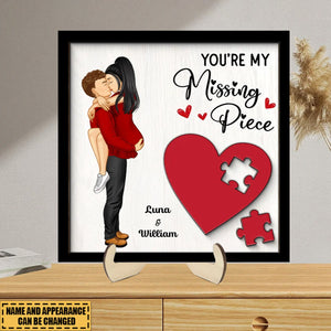 Couple Kissing Standing Red Heart Puzzle Personalized 2-layer Wooden Plaque