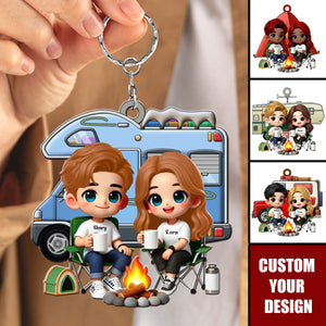 Cute Cartoon Camping Sitting Couple Personalized Acrylic Keychain