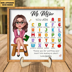 Teacher Appreciation Gift Thank You Alphabet Characteristics Teacher Sitting Personalized 2-Layer Wooden Plaque