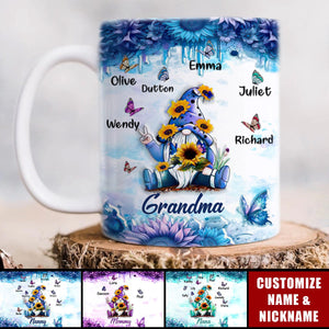 Sunflower Dwarf Grandma With Butterfly Kid Name 3D Inflated Effect Personalized Edge-to-Edge Mug