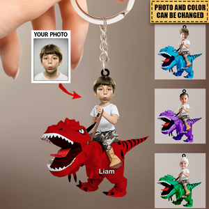 Personalized Cute Kid Rides The Dinosaurus Acrylic Keychain