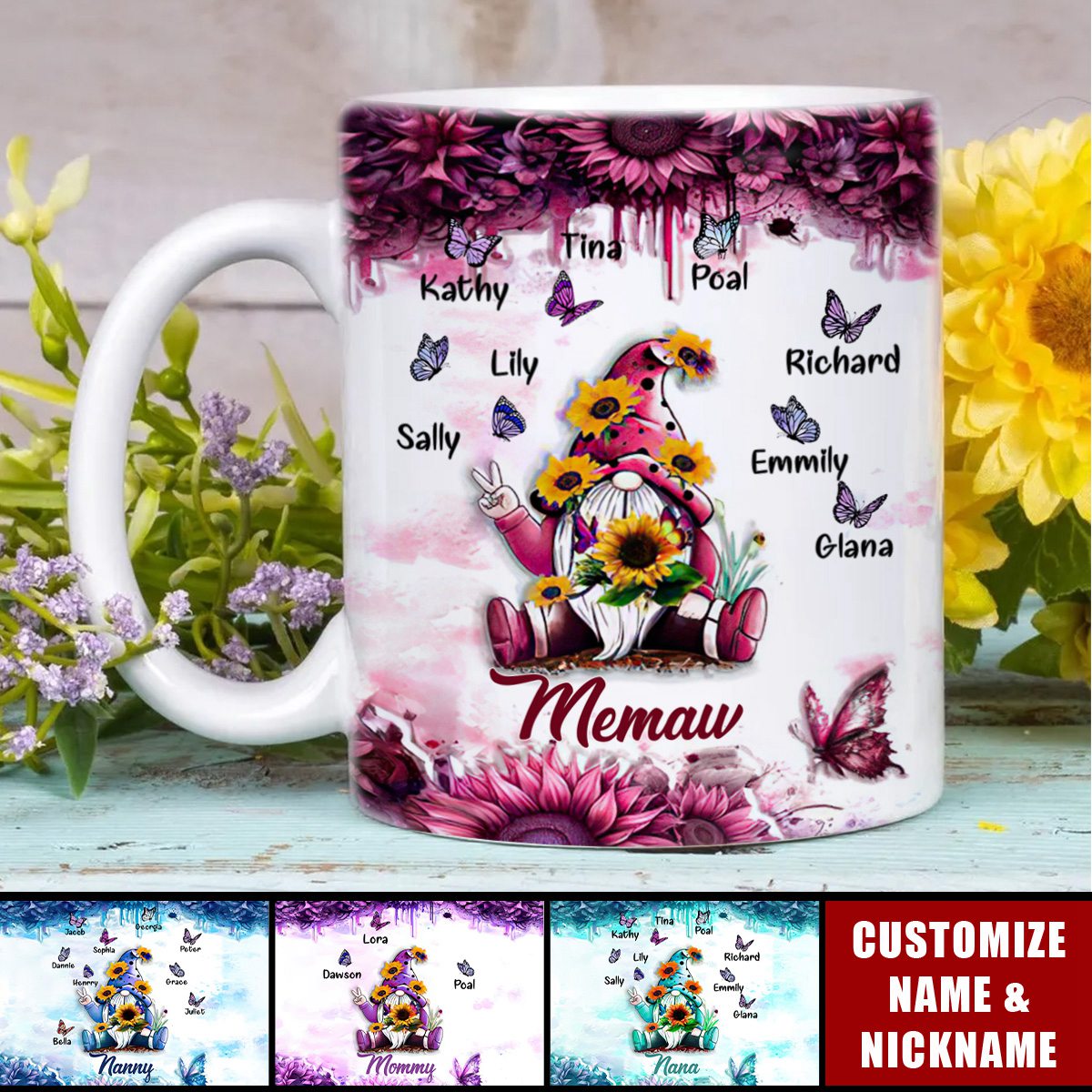 Sunflower Dwarf Grandma With Butterfly Kid Name 3D Inflated Effect Personalized Edge-to-Edge Mug