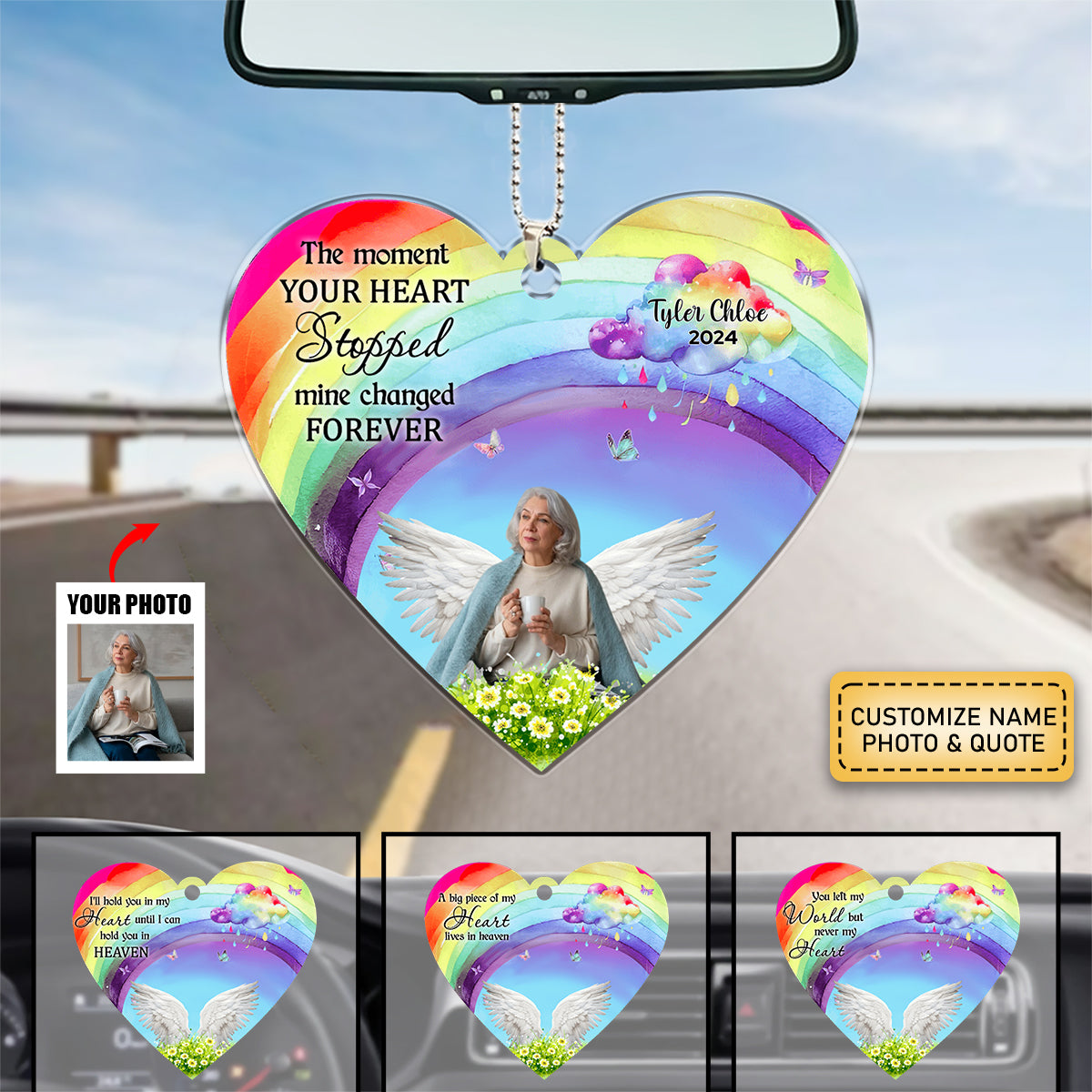 A Big Piece Of My Heart Lives In Heaven Rainbow - Personalized Car Ornament