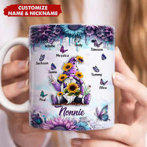 Sunflower Dwarf Grandma With Butterfly Kid Name 3D Inflated Effect Personalized Edge-to-Edge Mug