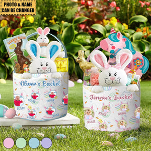 Kid Happy Easter With Bunny Ears - Personalized Photo Easter Basket