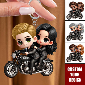 Cute Cartoon Couple Motorcycle Personalized Acrylic Keychain